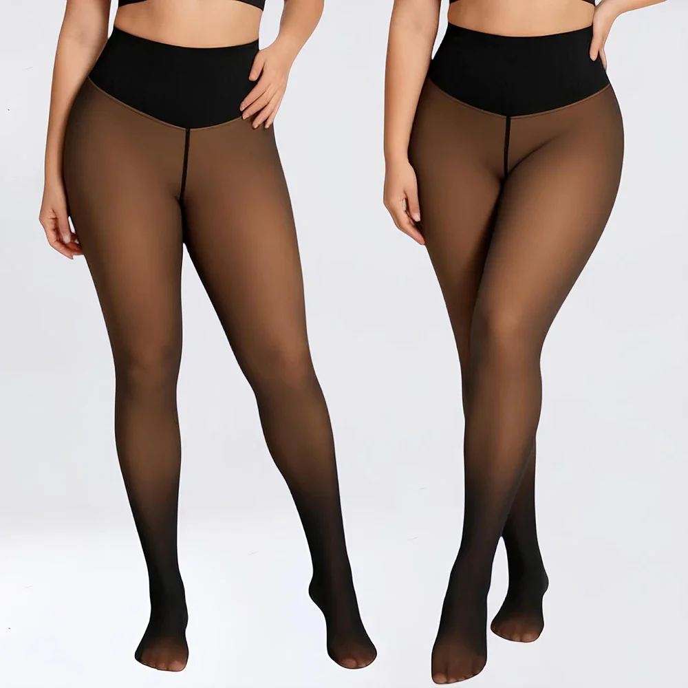 Plus Size High Waist Thermal Tights Wool Lined Sheer Look Pantyhose Winter Warm Control Top One Piece Leggings