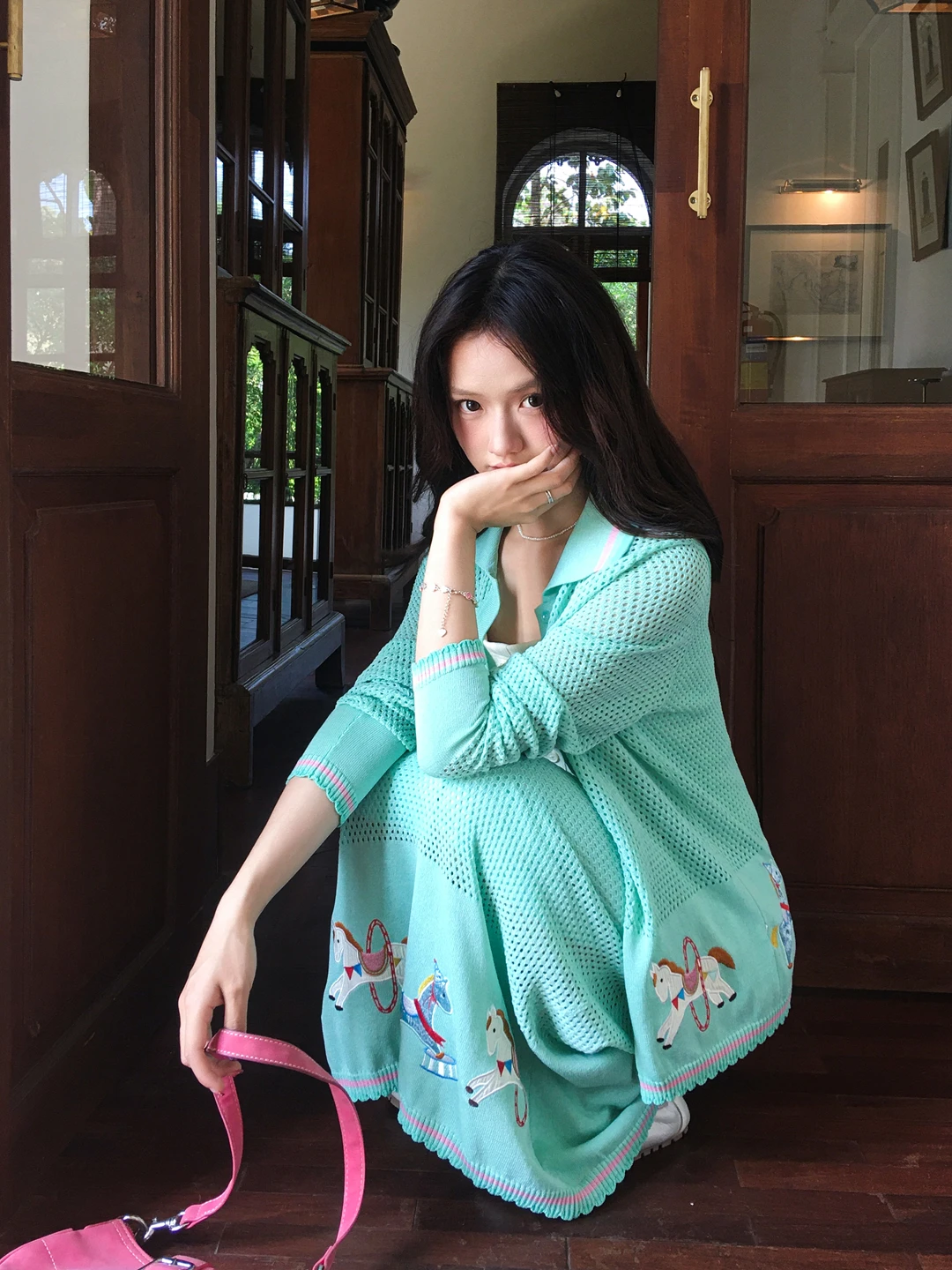 

Gula Liangpin Original Knitted Hollow out Top Embroidered Open Cardigan Half Skirt Two Piece Set Gentle Artistic Spring Set