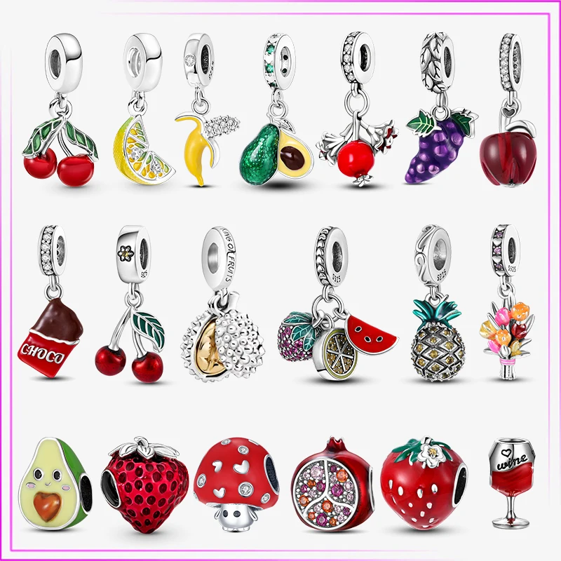 925 Sterling Silver Fruit Series Avocado Cherry Charm Pendant  For Original DIY Bracelet Strawberry Beads Gift Women Jewelry