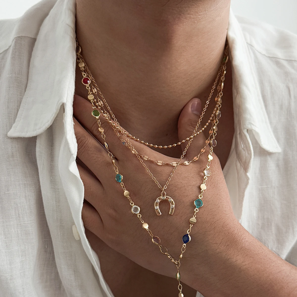 IngeSight.Z 4Pcs/Set Y2K Bohemia Colorful Crystal Chain Necklace for Men New Fashion Metal Choker Neck Accessories Jewelry Gifts