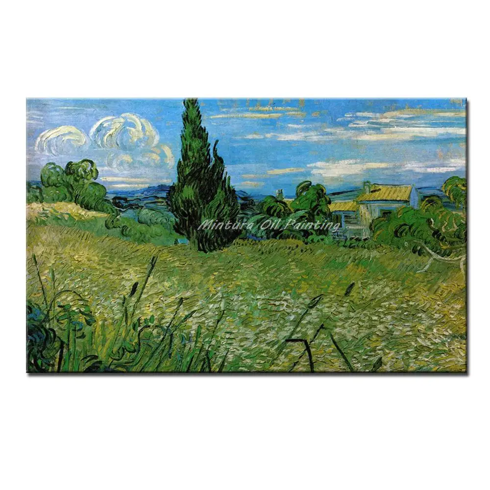 Handpainted Vincent Van Gogh Famous Oil Painting On Canvas,Green Wheat Field With Cypresses Wall Art,Picture For,Home Decoration