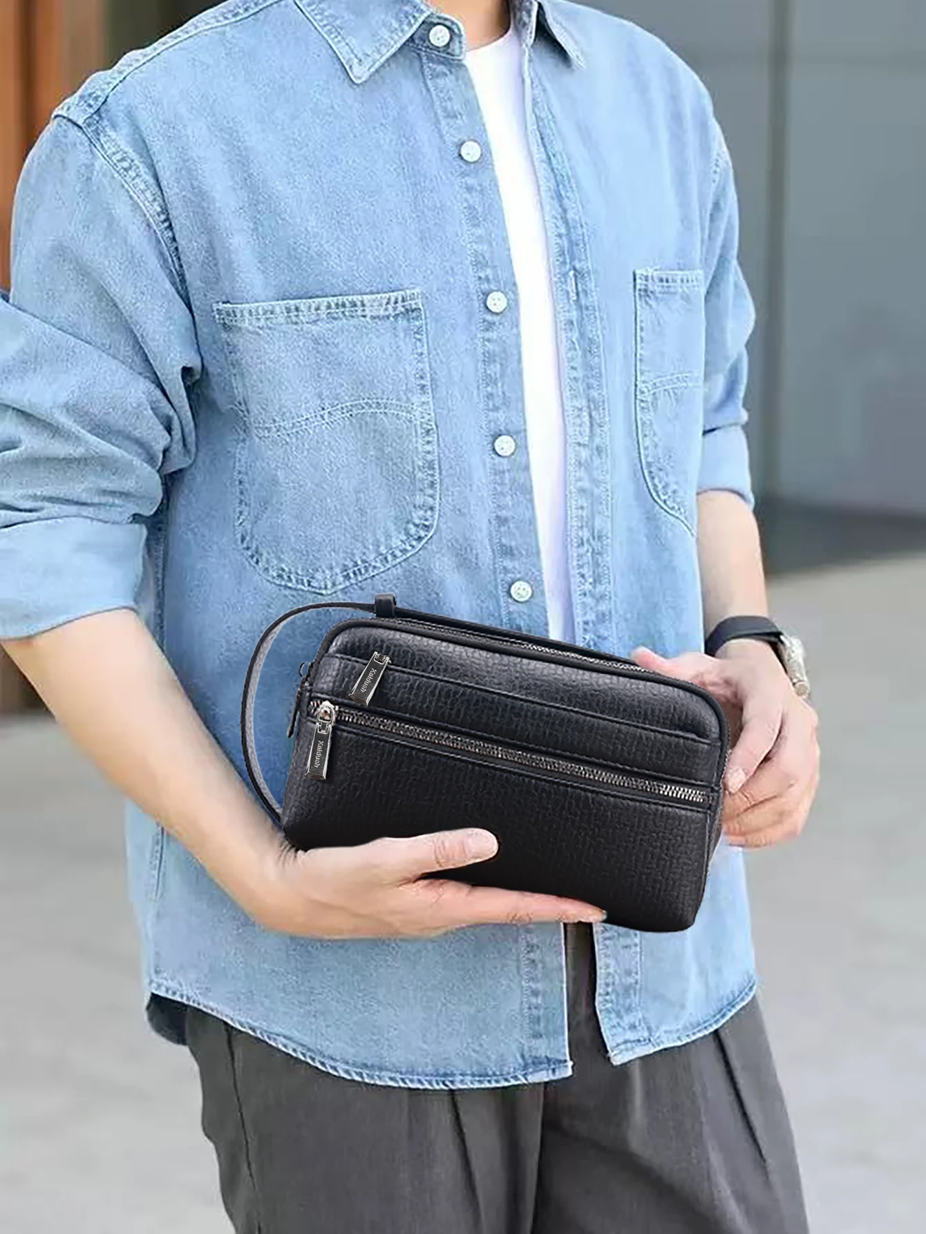 24cm Men's Anti-Theft PU Crocodile Business Handbag - Waterproof Slim Organizer W/ Wrist Strap, 3 Zippered Pockets