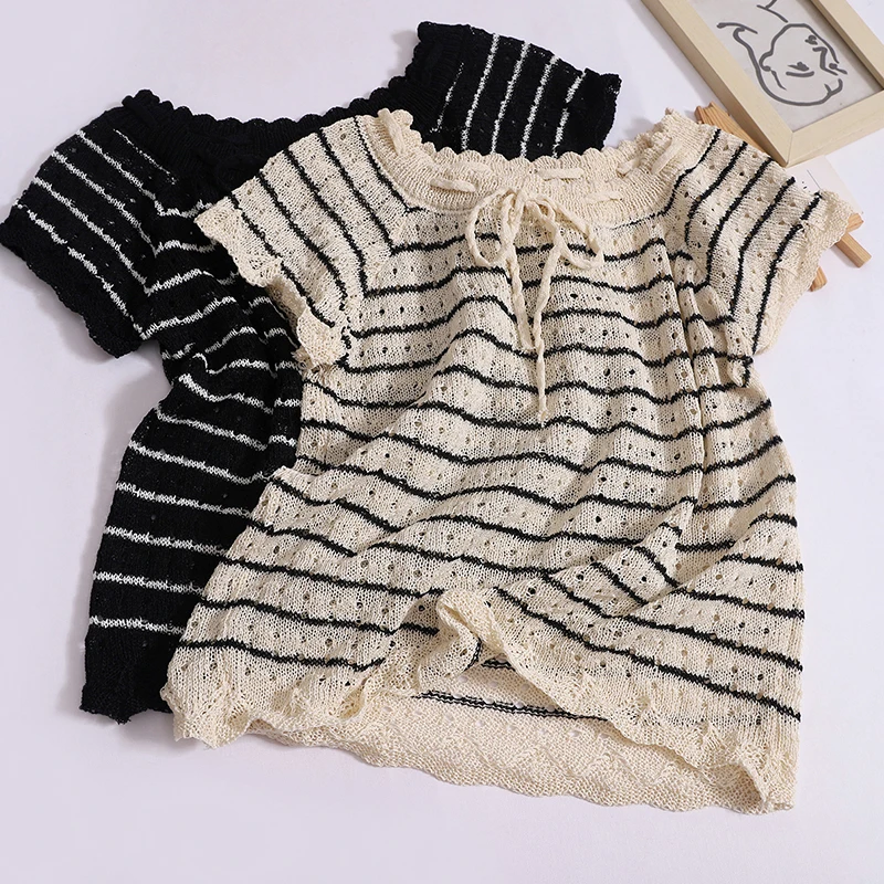 Women Versatile Contrast Color Striped Lace up T-shirt Crochet Hollow Out Short Sleeved Knit Shirt Casual Summer Thin Crop Tops