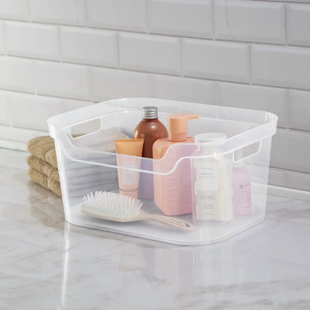 Large Clear Plastic Storage Bin with Easy Access Scoop Front for Home Organization view 6