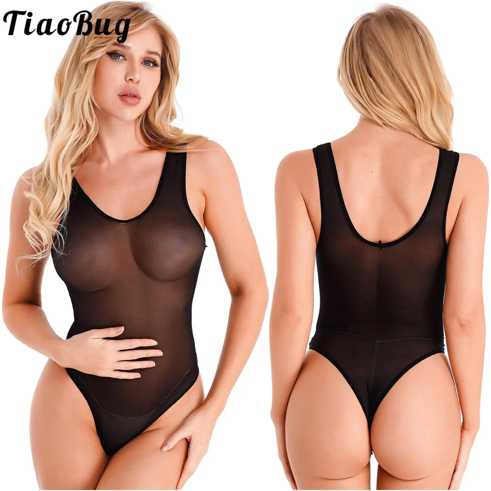 Tiaobug Womens Pure Color See-through Sleeveless Bodysuits Clubwear High Cut Leotards Good Stretchy Nylon Nightwears for Dating