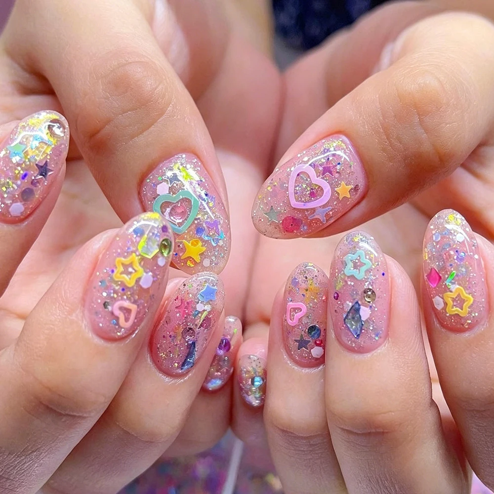 1 Glas Gemischte Bunte Meerjungfrau-Holographische Nagelglitzer-Pailletten Kawaii Herz Pentagramm Sternform Nagelschuppen Y2K Süße Nageldekoration – Detail 5