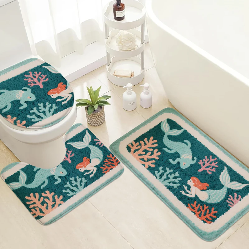 Ocean Themed Floor Mat Set, Bathroom Anti Slip Mat, Shower Room Small Carpet, Toilet Seat Mat, Door Mat, Decorative Mat