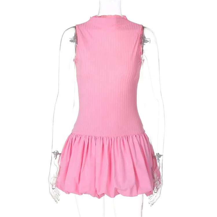 Lady Club Party Birthday Sexy Mini Dress Cut Out Sleeveless Solid Pleated Bubble Dresses For Women