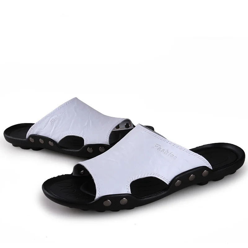 Big Size Men Slippers Summer Fashion Genuine Leather Casual Slides Street Fashion Beach Shoes Black Cow Leather Sandals