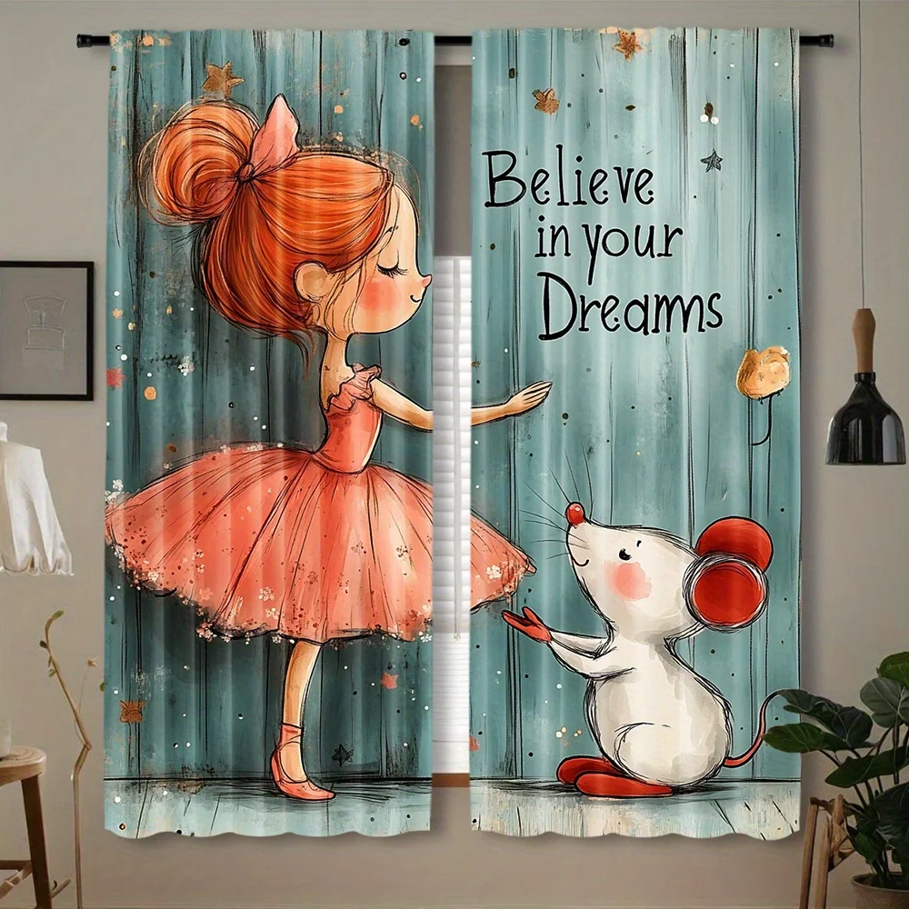 Cute Ballerina Curtain, Girl Mouse Dream Window Drape, Pink Ballet Dancer Blackout Panel, Kids Room Nursery Home Decor