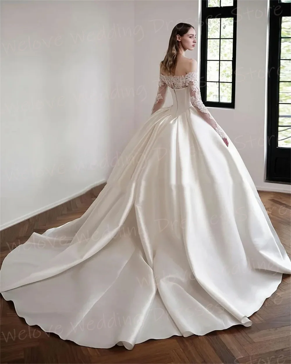 Elegant A Line ชุดแต่งงานของผู้หญิงปิดไหล่ซาติน Vestido ที่กําหนดเองชุดเจ้าสาวแขนยาวลูกไม้ Robe De Mariage