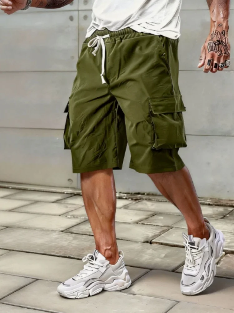 Men's Cargo Shorts Elastic Drawstring Waist Multi Pocket Casual Outdoor Sports Quick Dry Knee Length Workout Jogger Shorts