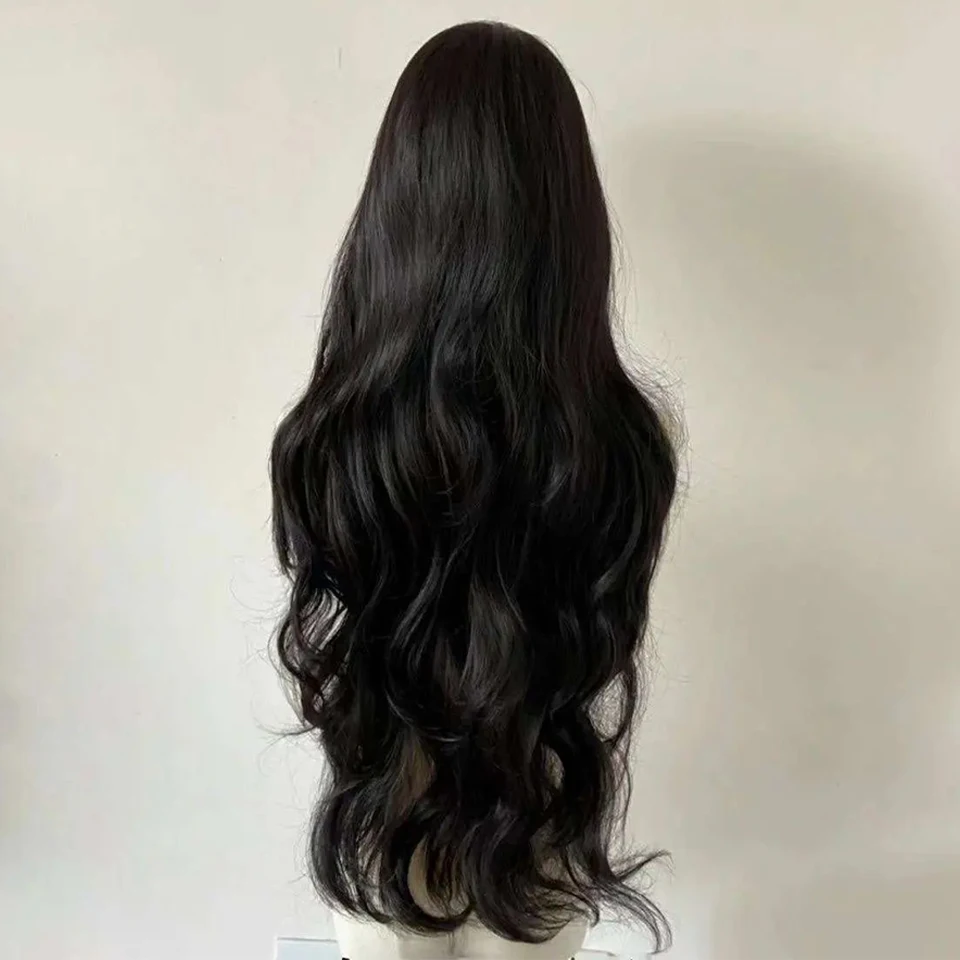 OLACARE ブラック ロングボディ ウェーブ シンセティックウィッグ 女性用 アフロ ナチュラルブラックヘアウィッグ ミドルパート 耐熱ファイバー デイリーユース