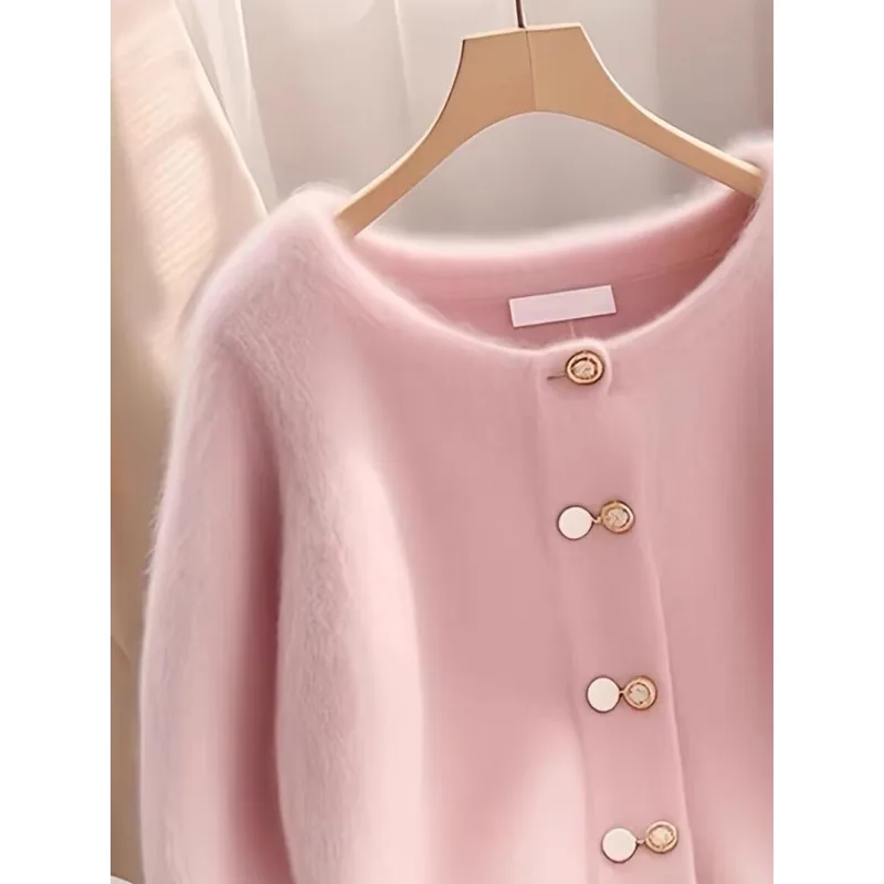 New Autumn Winter Sweater Cardigan Women Fashion Casual Pink Round Neck Loose Thick Warm Knitwear Ladies Sweater Female Top