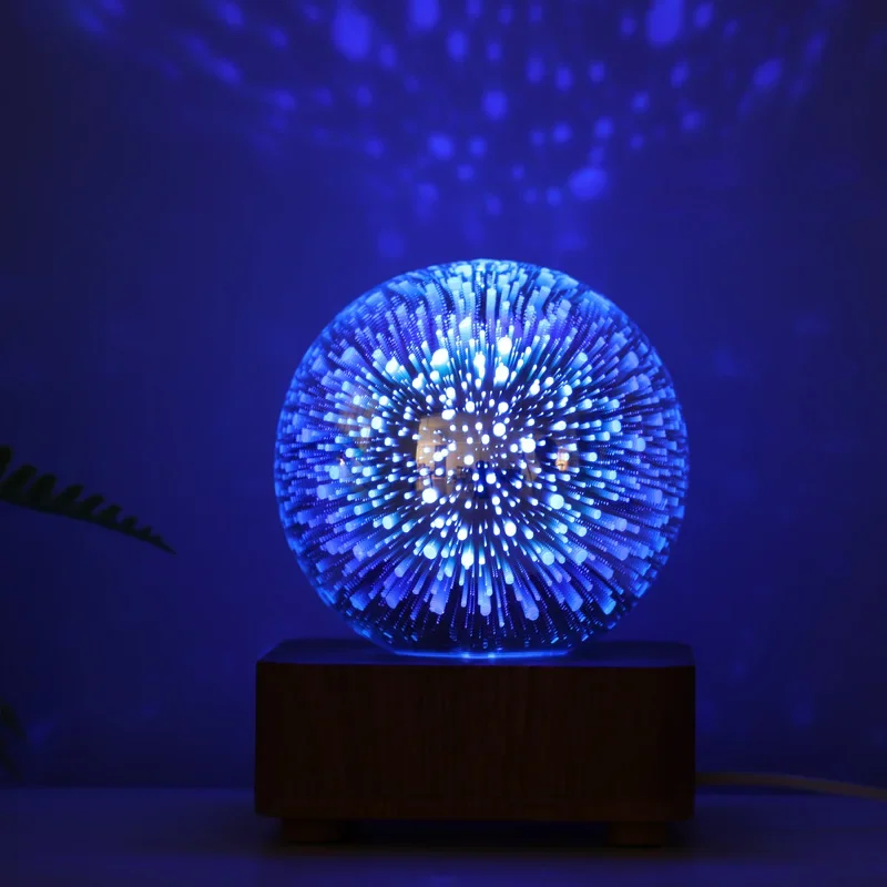 Global Magic Crystal Glass Ball Night Light LED Firework 3D Star Light with Wood Base Decorative Lamp