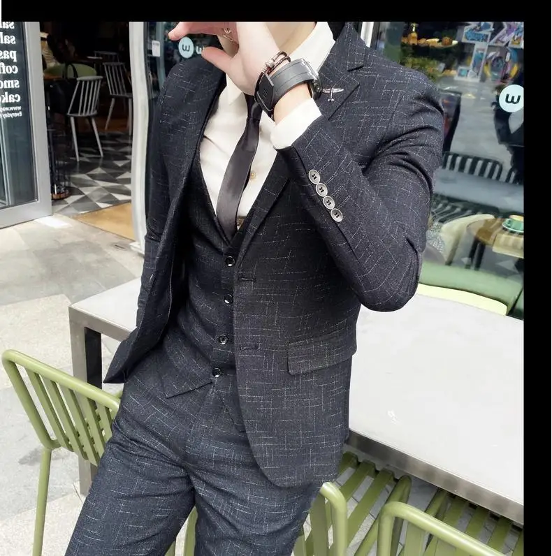 2023 Men's British Fashion Three-piece Set Slim Fit Suit Vest Trousers Ensemble Handsome Trendy All-in-one Banquet Blaze 33 S62a6cf4356004939b3231ace7ad0e086r