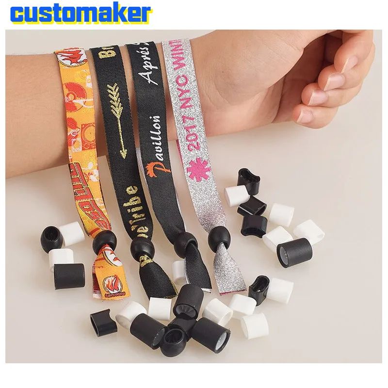 Plastic locking clasp for wristbands, used with fabric ribbon material, disposable sliding lock clip