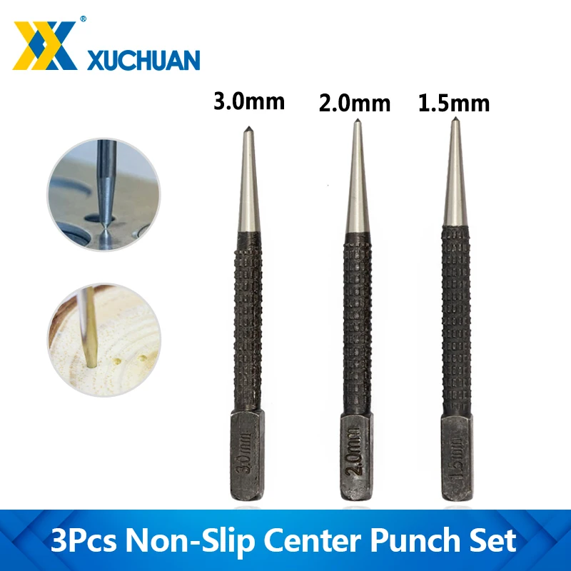 

XUCHUAN 3Pcs Non-Slip Center Pin Punch Set High-carbon Steel Center Punch for Alloy Steel Metal Wood Drilling Tool