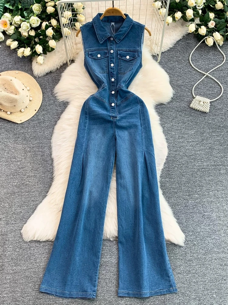 

Jumpsuit Premium Elegant Goddess Style Sexy Single Breast Lapel Sleeveless Waist Cinch Slimming Denim Wide Leg Romper