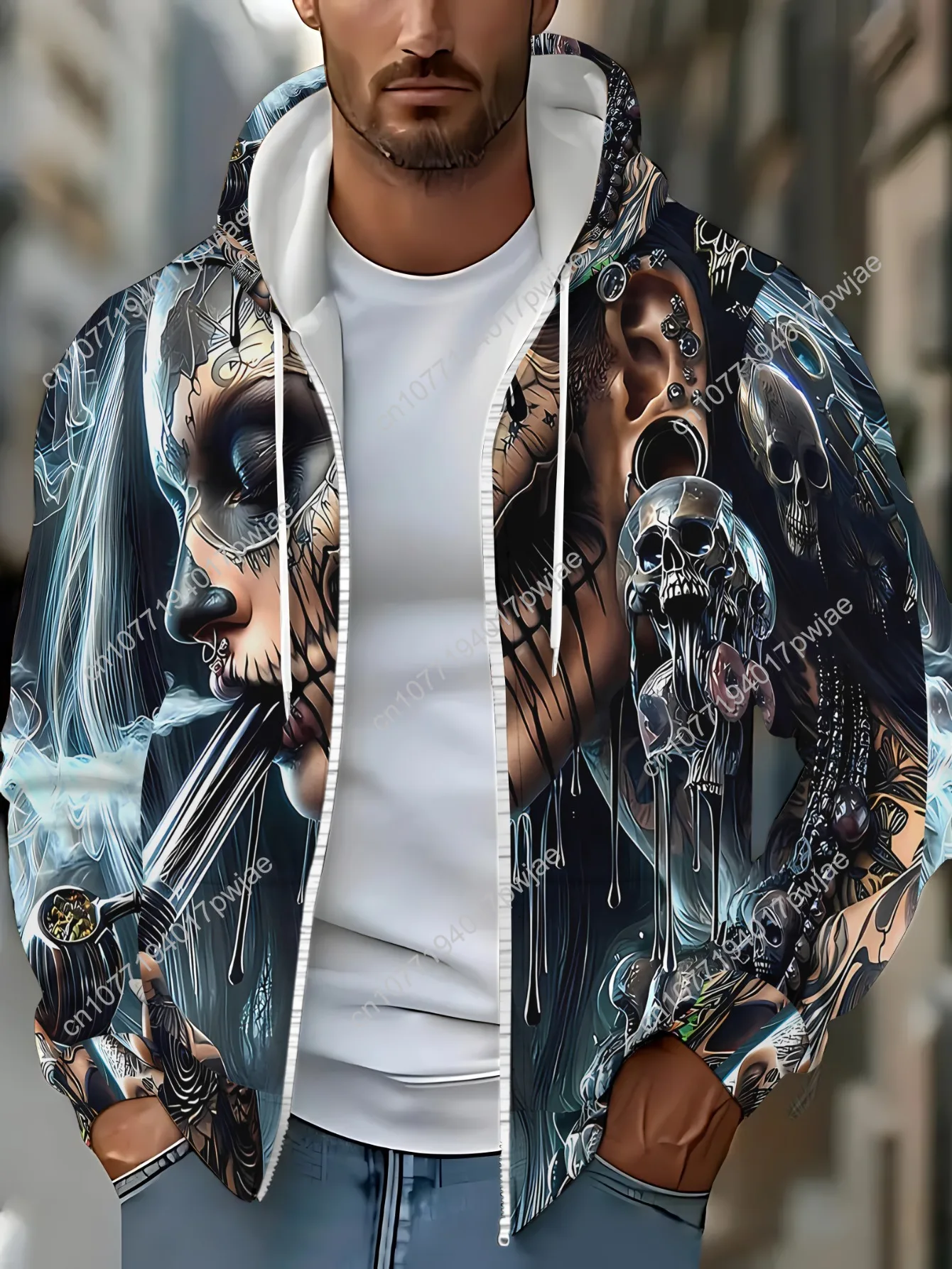 Мужская кепка на молнии с длинными рукавами, спортивная одежда, стильная толстовка с капюшоном для городских нарядов, уникальный дизайн татуировки, мягкая полиэфирная ткань, легкий вес