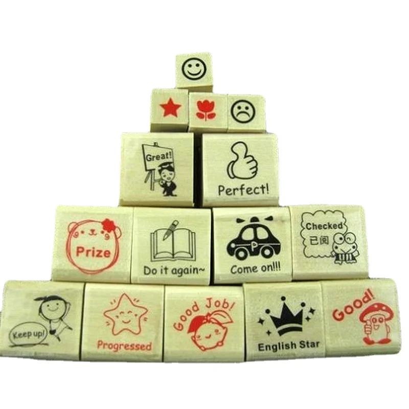 Rubber Cartoon Stamps for Kindergarten Teachers Reward Parents Craft Supplies, English Praise Reward, 15 PCs/Lot