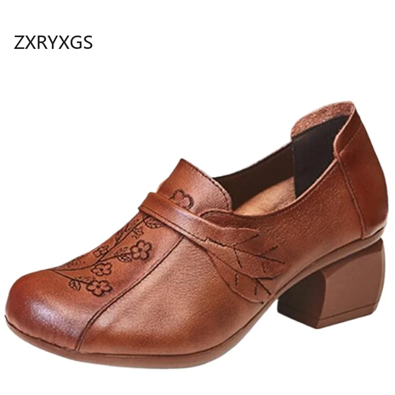 

ZXRYXGS Classic Embroidery Top Cowhde Leather Shoes Woman Elegant Fashion High Heels 2024 High End Banquet Wedding Shoes Tide