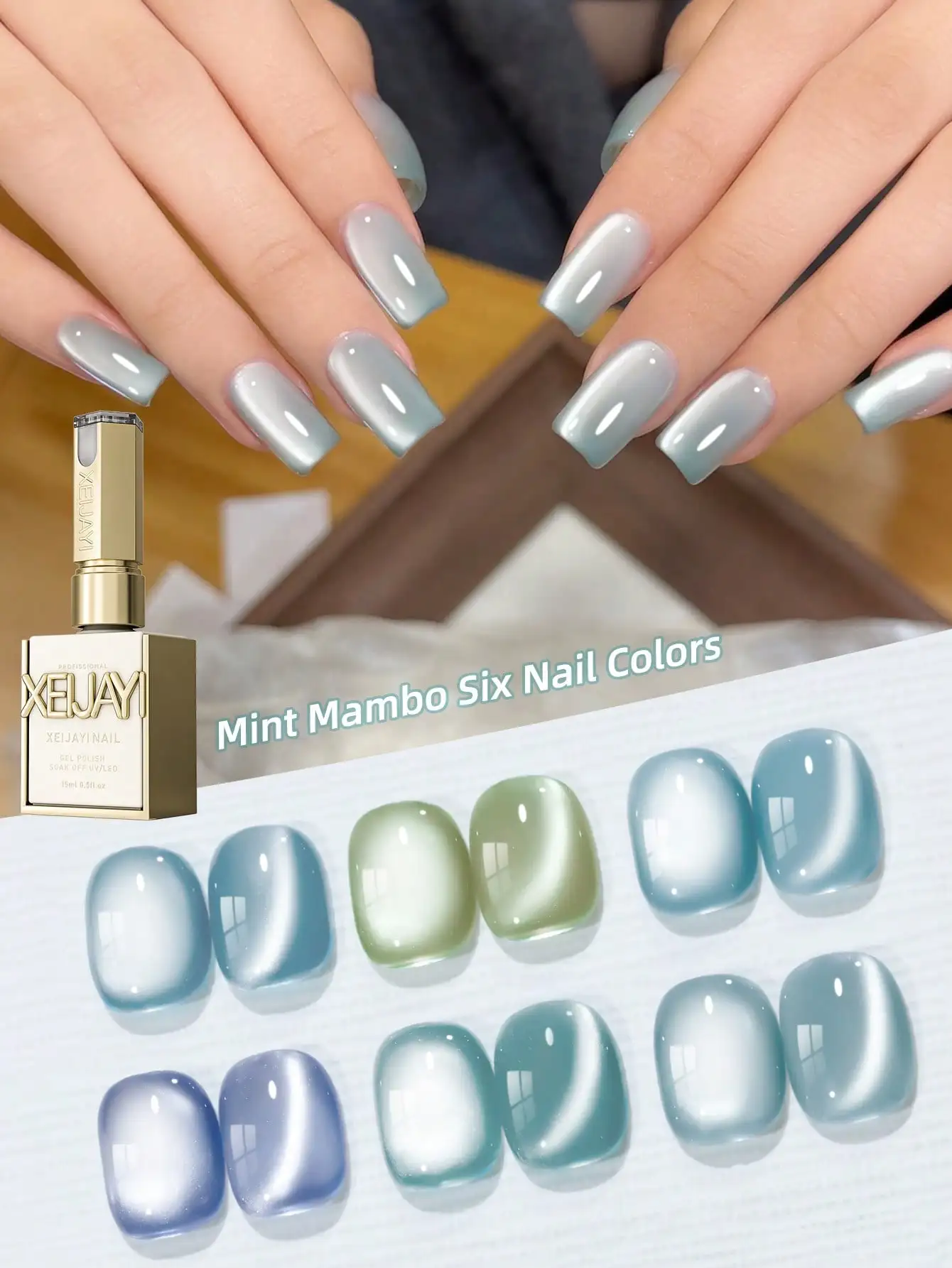 

6Pcs 15ML Mint manbo cat eye Nail Gel polish set Semi Permanent Nail Art Soaking UV LED Nail Salon DIY Gel For Spring And Summer