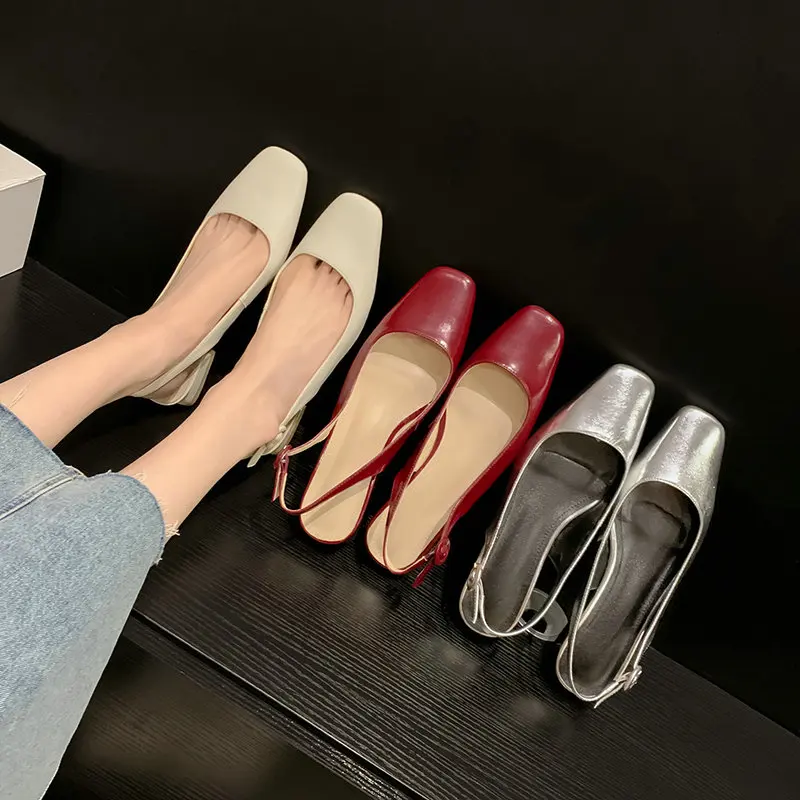 Genuine Cow Leather Silver Red Closed Toe Comfortable Lady Summer Slingbacks Small Size 33 Chunky Square Low Heels Sandals Women