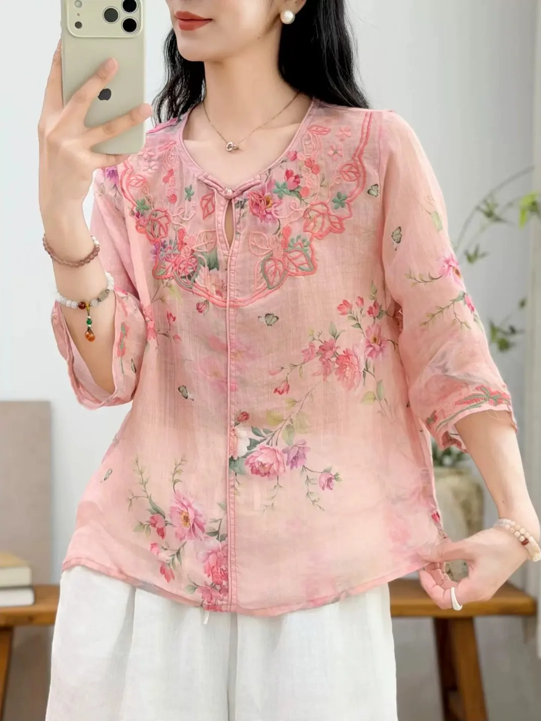 

Elegant Embroidered Hemp Shirt Vintage Style Short Sleeve Women's Top Breathable Comfortable Thin Cotton Linen Blend Blouse