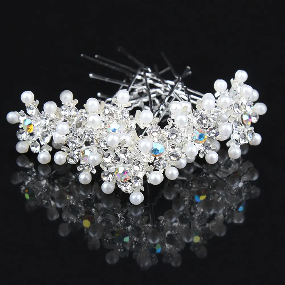 10Pcs Snowflake Bridal Hair Pin U Shape Pearls Rhinestone Wedding Hair Accessories for Bridesmaid Evening Party Birthday