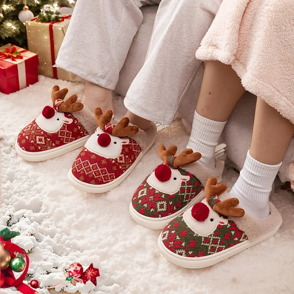Christmas Deer Cartoon Fleece-Lined Warm and Comfortable Round-Toe Slippers, Cute Reindeer Indoor Fashion Slip-Ons for Autumn