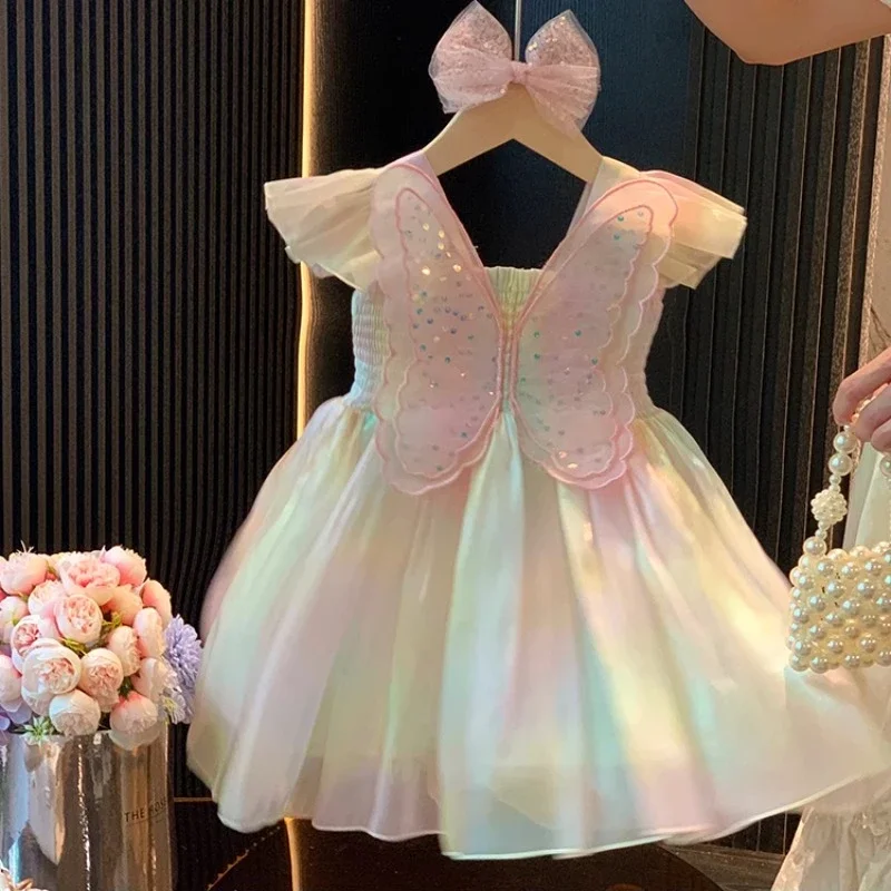 Summer New Girl Dress Colorful Rainbow Winged Princess Dress Flower Girl Dresses for Weddings Girls Kids Party Prom Dresses4-12T