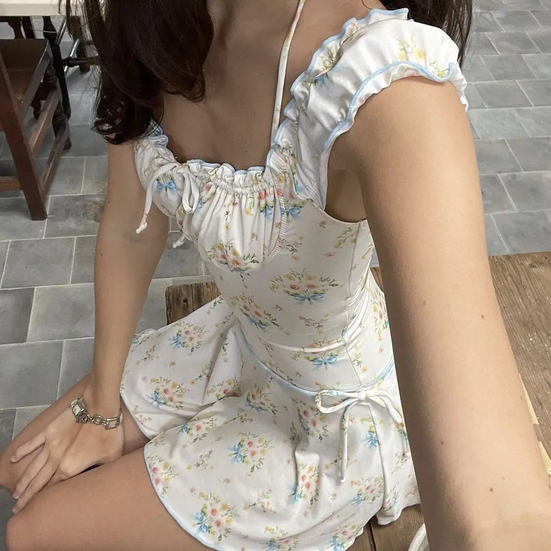 Women's Lavender Striped Halter Puff Sleeve Mini Dress Sweet Coquette Lace Up Waist Flare Hem Y2K Casual Summer Beach Dress 2026