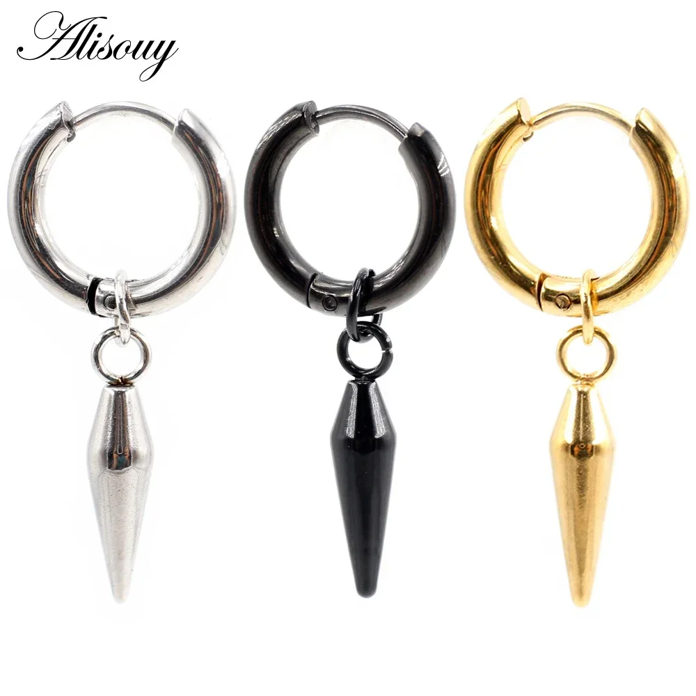 2 piezas de moda de acero inoxidable cono pico colgante círculo oreja hélice Clip hueco mujeres hombres pendientes de aro redondos