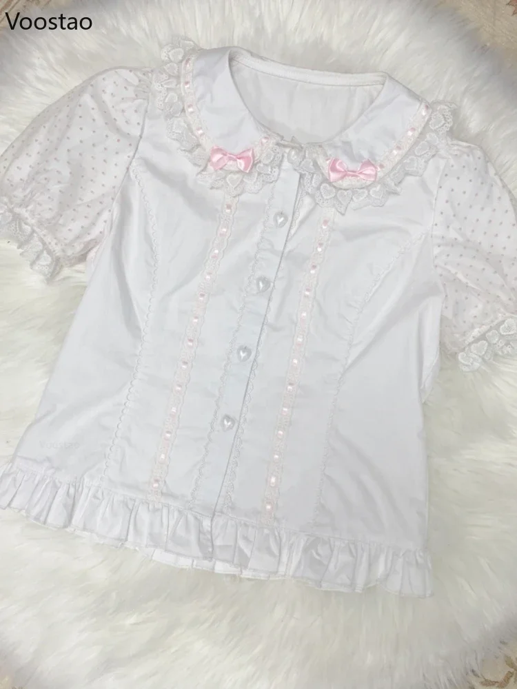 Blusas bonitas de verano de Lolita para niñas, camisas con mangas abullonadas y lunares con lazo de encaje dulce, blusas kawaii para Mujer ms3