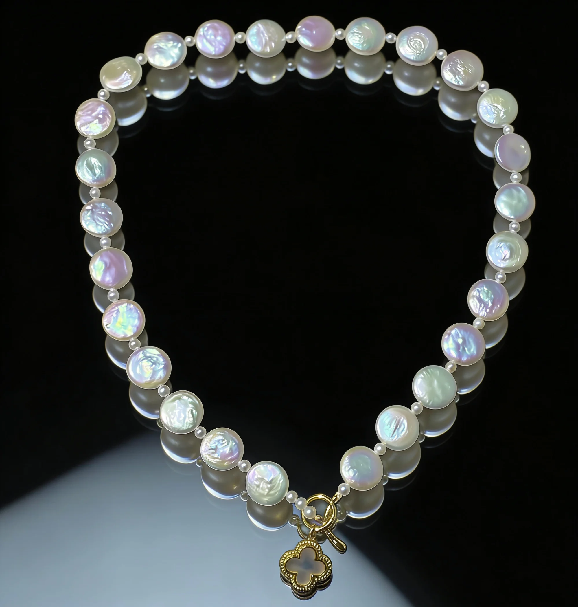 Natural Freshwater Pearl Necklace Baroque Button Pearl Choker with Gold Clover Charm Elegant Iridescent Jewelry for Women Gift