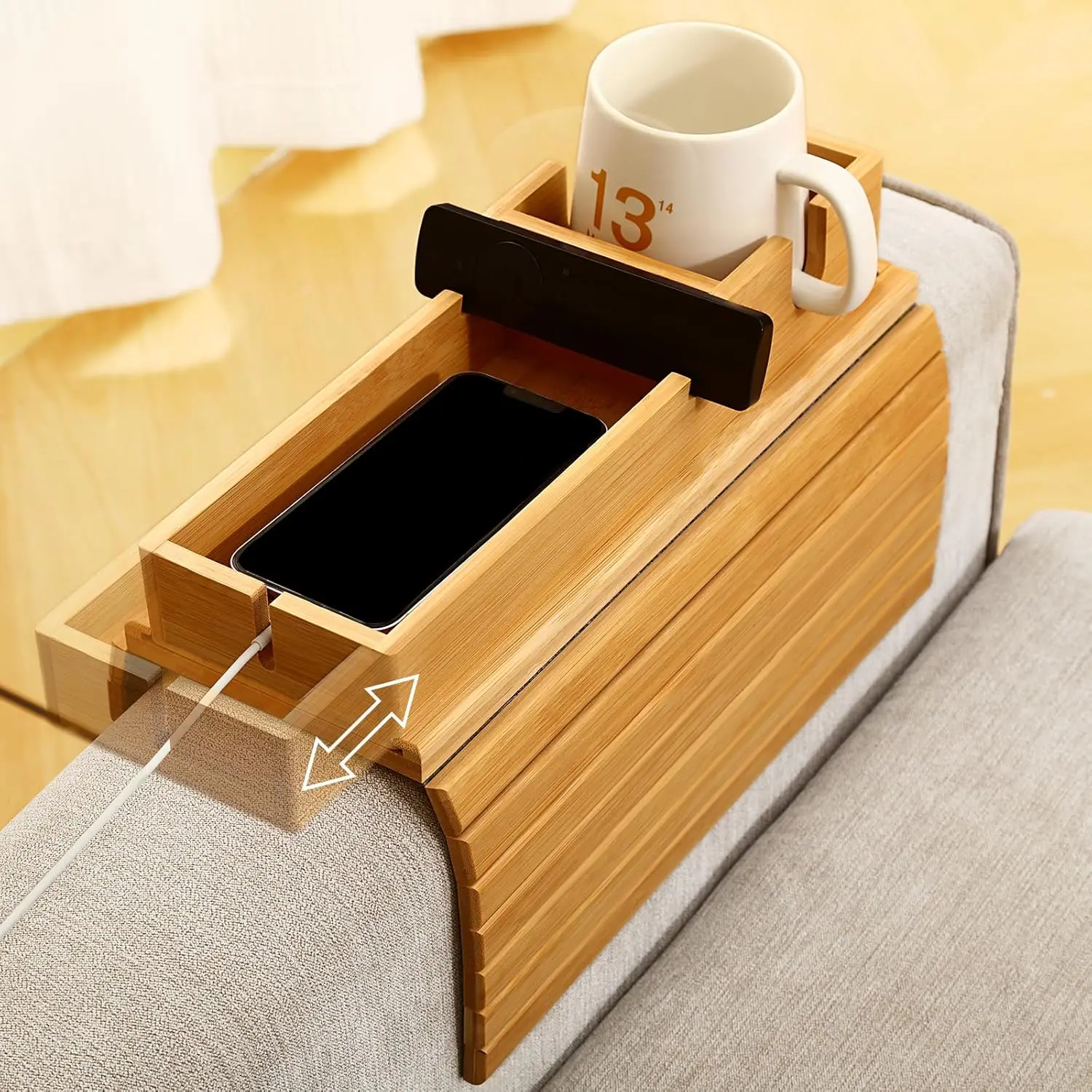 

！@Combohome Non-Slip Foldable Phone Rest Armrest Clip on Sofa Arm Tray Bamboo Couch Drink Holder Tray
