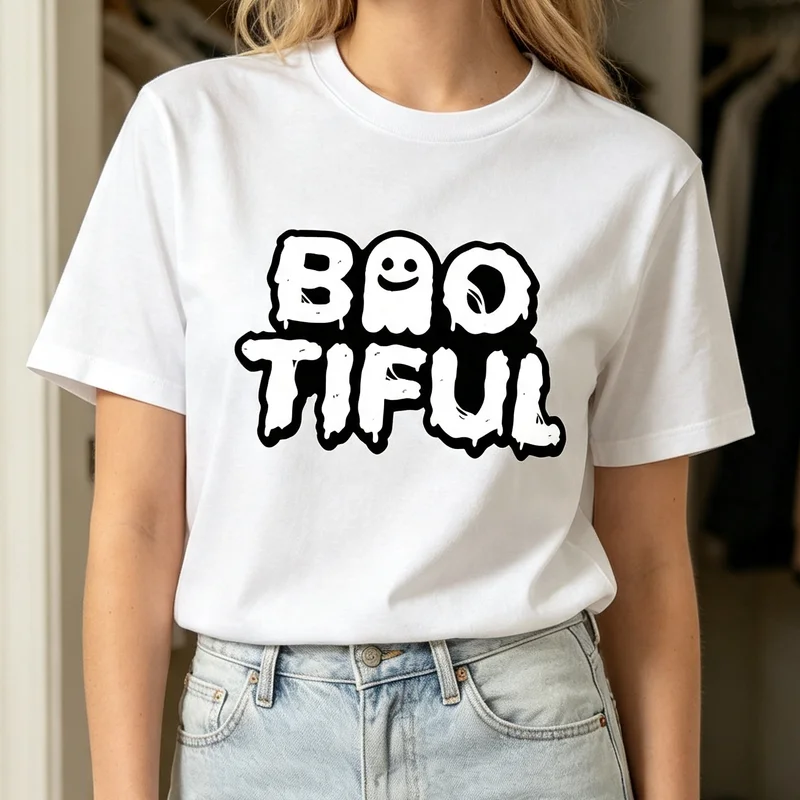 Letter Halloween Style T Shirt Boo Tiful Ghost Spooky  Graphic Tee Casual Streetwear for Men Women 100% Cotton Unisex Y2k Top