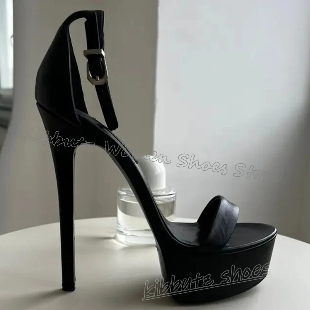

Platform Buckle Strap Sandals Round Toe Thin High Heels Leather Solid Color Fashion Luxury Elegant Concise Sexy Women Shoes New