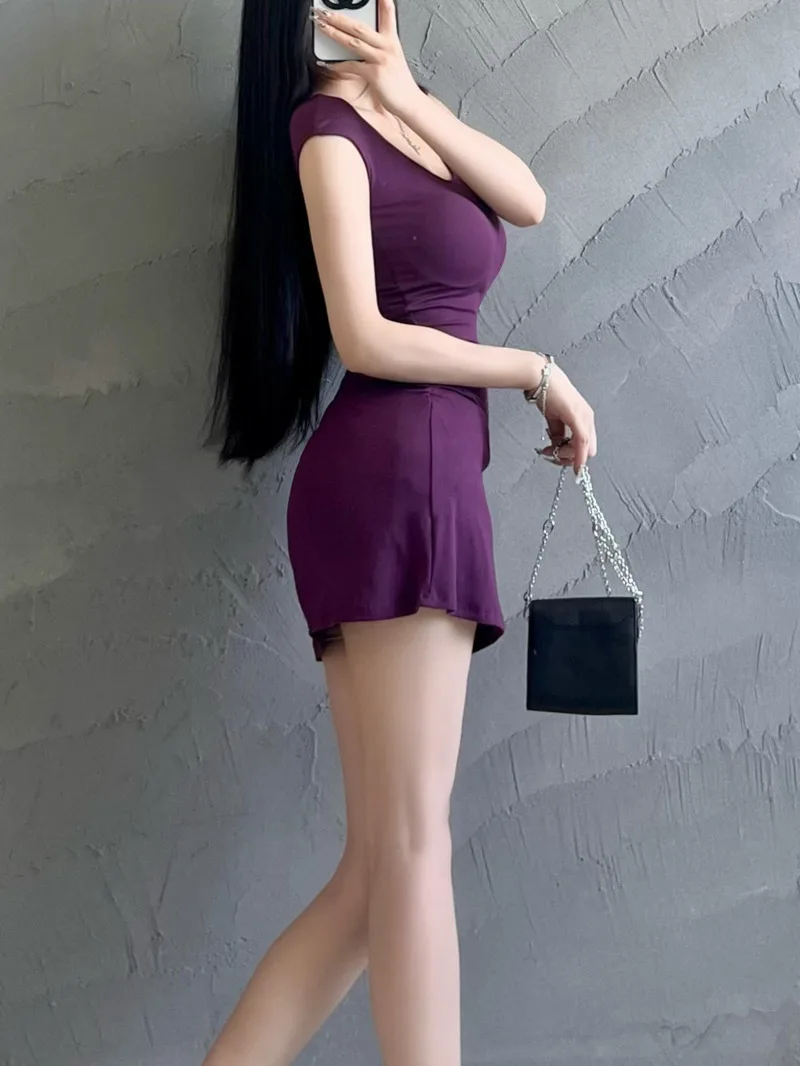 Robe Sexy à manches courtes et col en U pour femmes, élégante, Style désir pur, ligne a, taille cintrée, t-shirt court, Mini, été, J4Q0