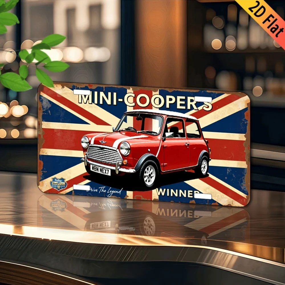 Mini-Cooper-Metallschild – Aluminium-Wandkunst mit Union Jack-Design, rotes Auto und „MINI-COOPER“, perfekt für Zuhause, Bar, Garage, Recht