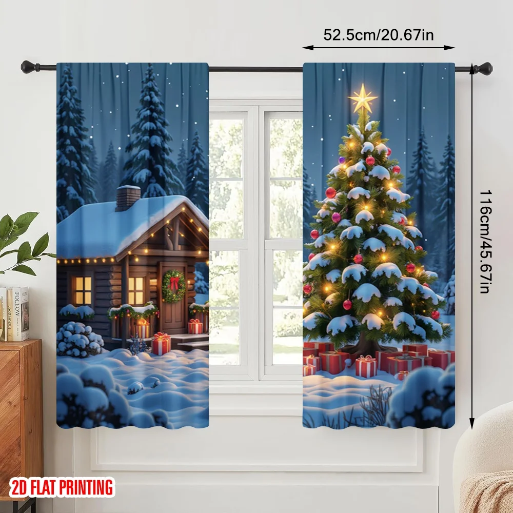 2pcs 2D flat printing Drapes Day Christmas House View Polyester Without Electricity Birthday Party Use for Room bedroom wall