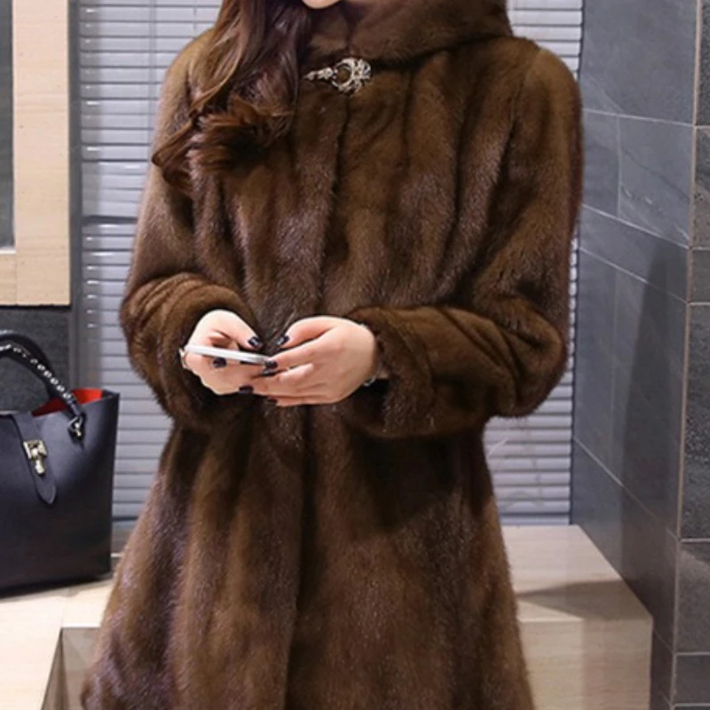 Manteau supérieur en fausse fourrure pour femme, à capuche, chaud, longueur moyenne, grande taille, rétro, Simple, confortable, Niche avancée, polyvalent, automne/hiver