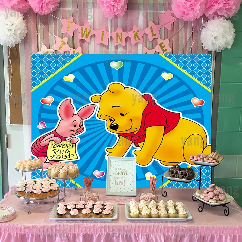 Disney Love Heart Colorful Backdrop Party Cartoon Wall  Winnie Bear Tigger Piglet Banner Custom Baby Shower Background Birthday