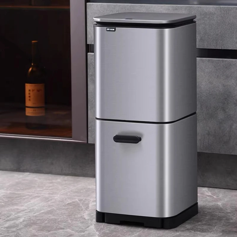 

‌Stainless Steel Dual-Compartment Trash Bin, Pull-Out Wastebasket with Lid, Mobile Kitchen Garbage Can,Dry/Washable Paper Basket