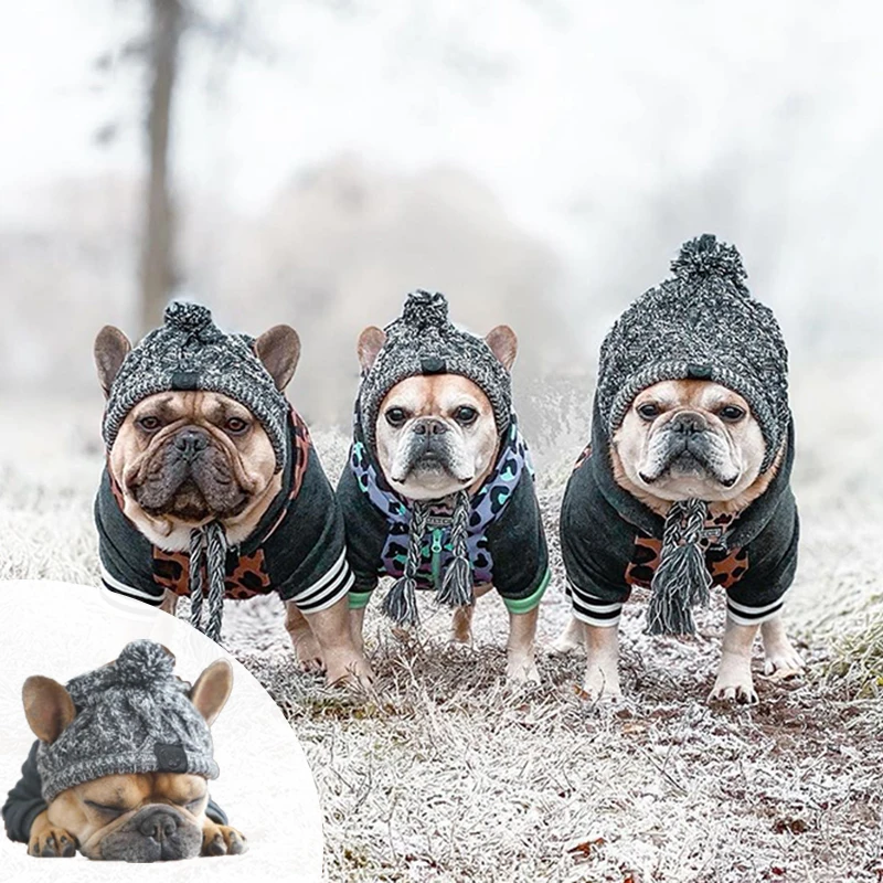 Winter Warm Dog Hats Windproof Knitting French Bulldog Hat for Dogs Chihuahua Hat Fluffy Ball Puppy Accessories Pet Hat 2022 New