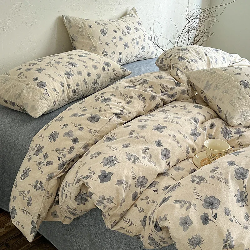 

4PCS Vintage Style Bedding Set Princess Lace Duvet Cover 200x230cm Flat Sheet Set Twin Double Size Bed Set For Bedroom Decor