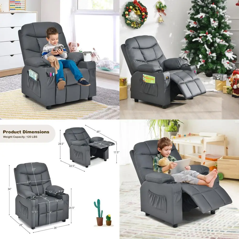 

Детское кресло-реклайнер с подстаканником, регулируемый шезлонг с подставкой для ног и боковыми карманами, эргономичный диван для детской комнаты