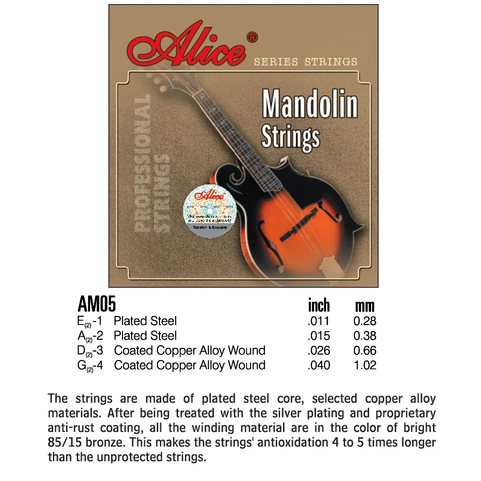 Alice AM05 Mandolin Strings Set 0.011-0.040 Coated Copper Alloy Wound Plated Steel 4 Strings