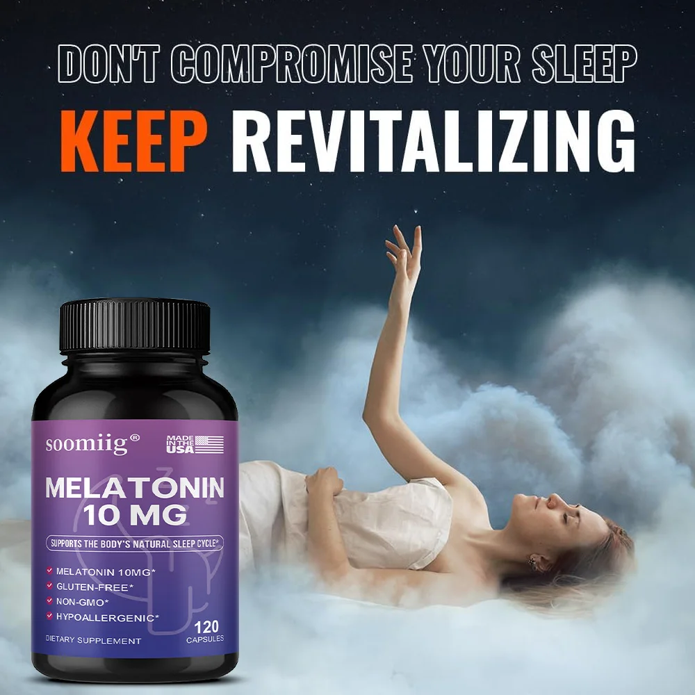 

Soomiig Melatonin 10 мг — средство для сна для взрослых, улучшает бессонницу, расслабляет настроение, способствует глубокому сна, без глютена, без ГМО
